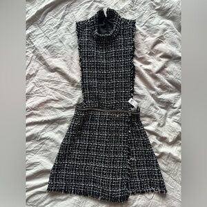Zara Tweed Romper Dress Black White Boucle Sleeveless Gold Button Mini XS
